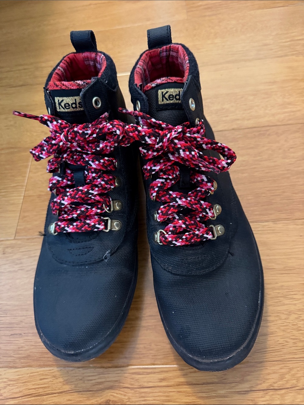 Keds Black High-Top Boots with Red/White Patterned Laces